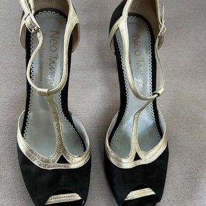 Women's Tango Sandals - Black Suede and Light Gold Leather Trim